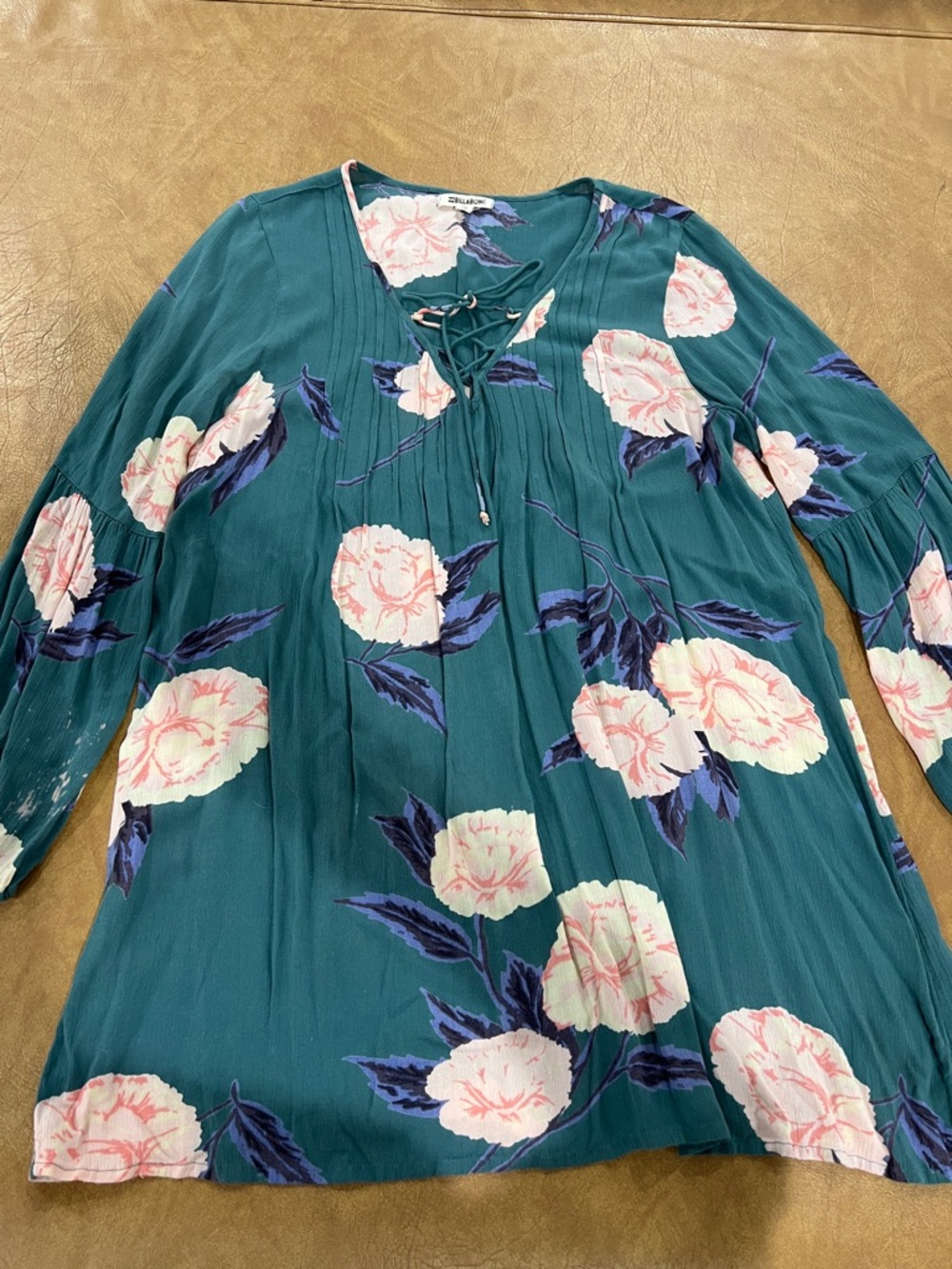 Billabong Teal Floral Lace-Up V-Neck Tunic with Pink Blooms